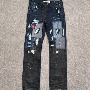 DSTAKT Denim Jeans Men 32W 32L‎ Blue Black Splatter Destroyed Grunge Streetwear
